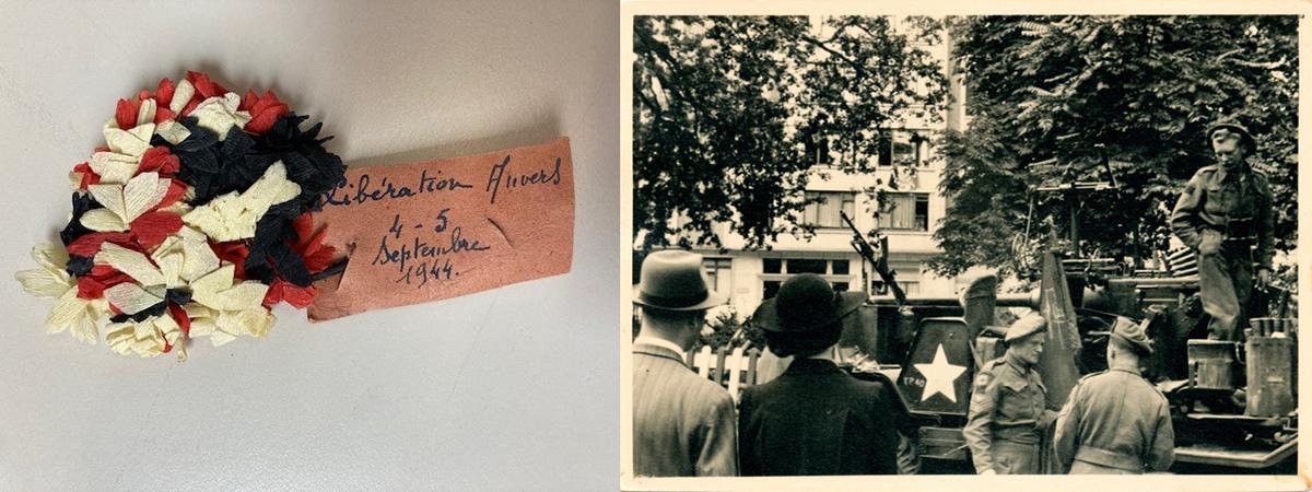 Een bloemencorsage en archiefoto met Amerikaanse soldaten in de Belgiëlei