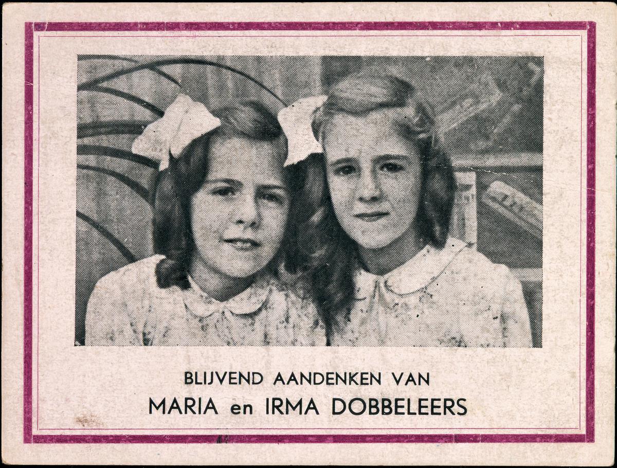 Herdenkingsprent met communiefoto van Irma en Maria Dobbeleers