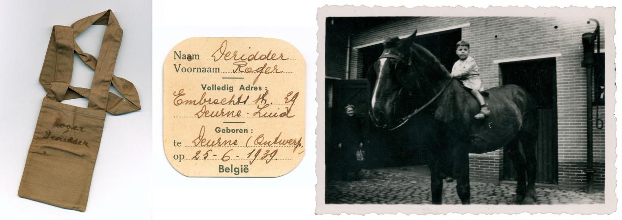 Zakje en naamkaart Roger Deridder en archieffoto vijfjarige Roger op een paard