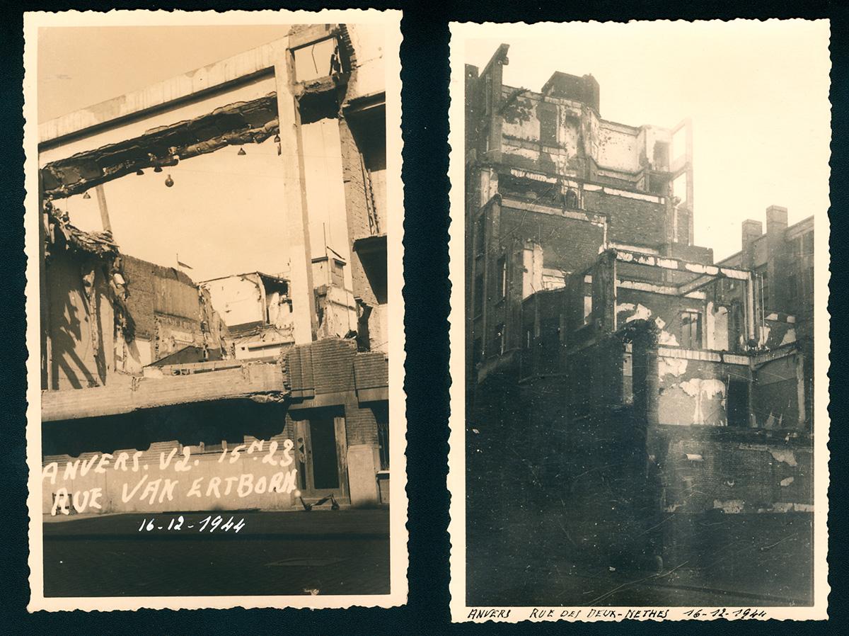 Archieffoto's die de bominslagen tonen in de Van Erbornstraat en Twee Netenstraat.