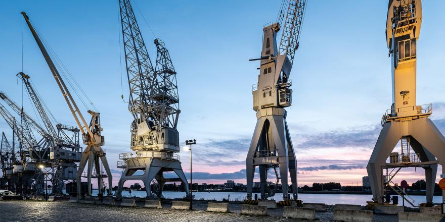 havenkranen aan de rijnkaai in de avond