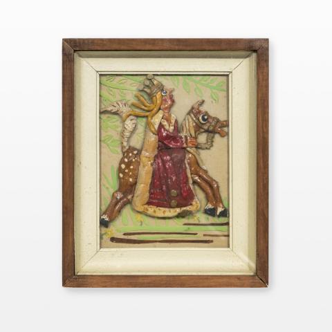 Ingelijst onder glas, een geboetseerd tafereel uit de Ballade van Heer Halewijn: Koningskind op paard