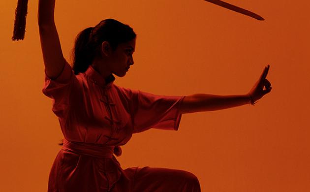 Wushu pose met zwaard op oranje achtergrond